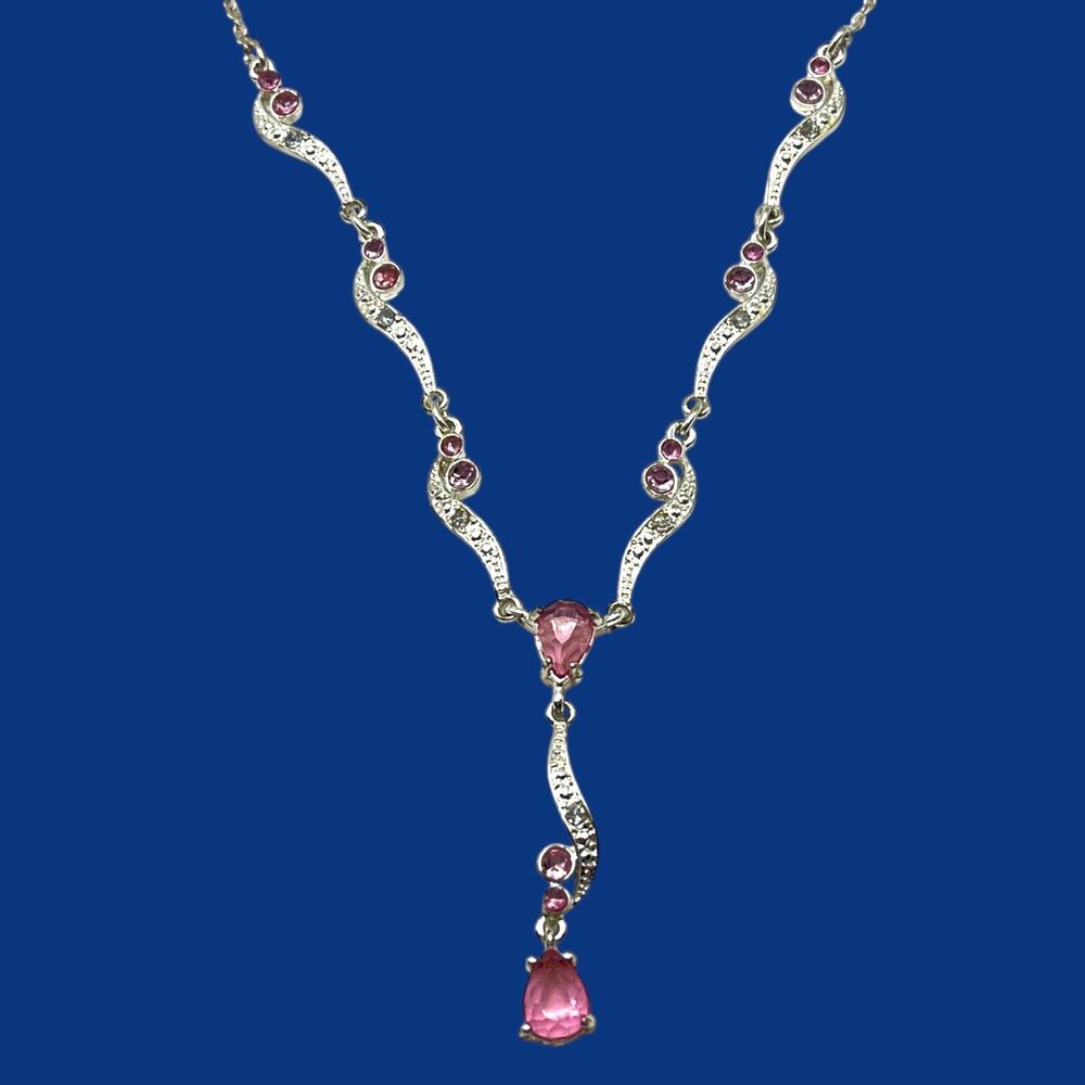 Nina Ricci NR Necklace Pink Pear Rhinestone Silver Tone Y Drop Feminine 20" Avon